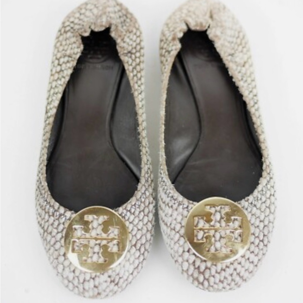 Tory Burch Snakeskin Pattern Flats with Gold Logo